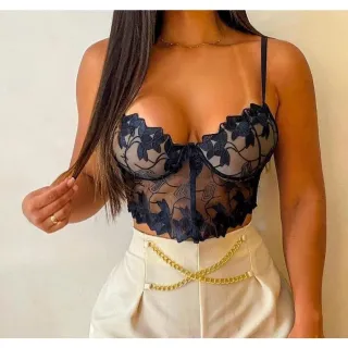 Festa Renda Bojo Alça Cropped Feminino - Preto