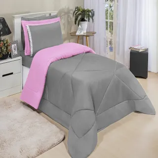 4 Peças Kit Edredom Solteiro Dupla Face Ternura - CINZA/ROSA