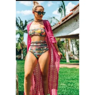 Moda praia manga 7/8: Saída de praia longa tricot - ROSA BB