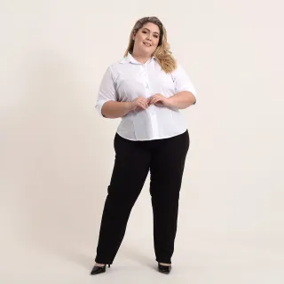 Camisa social feminina manga 3/4 em gabardine preta e branca - Passa fácil - Cor Branco Tamanho G