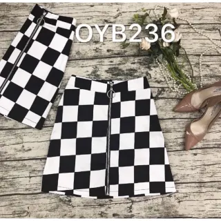 B236 - Saia de algodão com zíper, tecido confortável - Preto e Branco