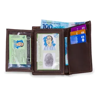 Couro Legítimo Carteira Vertical Masculina 6 Cartões CNH RG - MARROM CLARO-GAMB