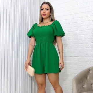 Moda Feminina Verão: Macaquinho Liso Manga Bufante Lastex - 3RD SD023 - Azul