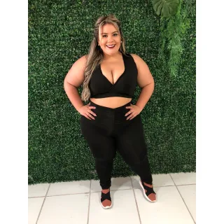 Calça Legging e Top Ginástica Plus Size Conjunto de Academia Fitness - Preto