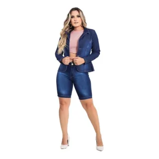Moda Inverno 2022: Blazer Jeans Feminino Social Lycra Lançamento - Azul-Escuro