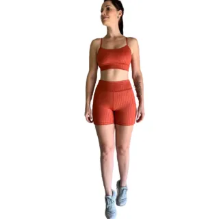 Empina Bumbum Conjunto Shorts Top Cirrê 3D Fitness Academia Corrida Ciclismo - Terracota