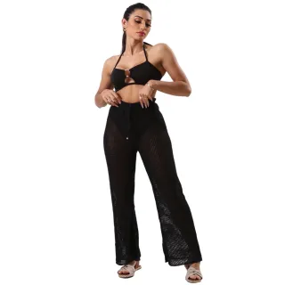 Calça Feminina Saída de Praia Flare com Ajuste em Cordão - Tricô - Preta