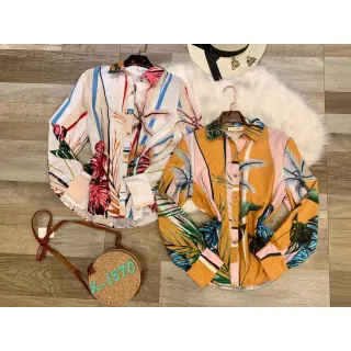 Estampada Chic Social Blusa Manga Longa com Botões - branco/azul/amarelo