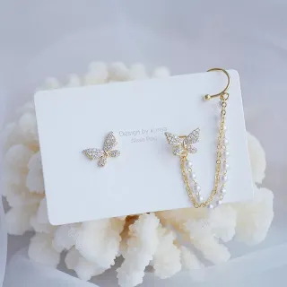 Piercing Fake Borboleta Brincos de Pressão Feminino Corrente de Pérolas - Prata