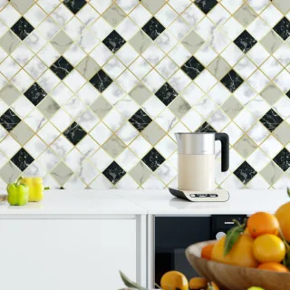 Azulejo Cozinha Papel de Parede Mármore Pedra Preta e Branca Linhas Douradas Lavável 3m - Único