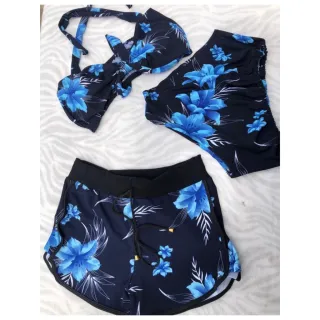 Biquíni estampado orquídea com shorts de cintura alta - Conjunto feminino de três peças - 6 PINK