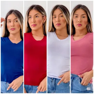 Manga Curta Gola V Kit 4 Blusas Femininas - BRANCO/ROSE/VINHO/PINK
