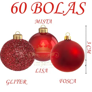 Promoção: Kit Natal Mista Vermelha Prata - 60 Bolas Lisa Fosca Glitter - Único