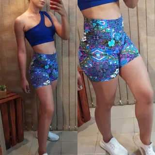 Shortinho P e M cós alto meia coxa - Roxo bolinha