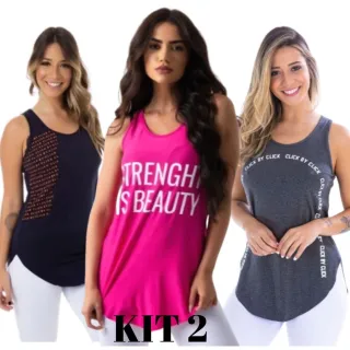 Blusas Femininas Viscolycra Fitness - Kit com 3 Camisetas Regatas - KIT 4-GRENÁ/LARANJA/BRANCA