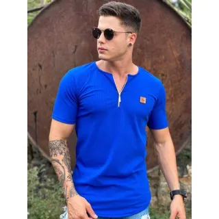 Camiseta masculina oversized, gola Henley em malha canelada - Amarelo