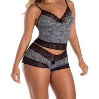 Pijama Sensual Feminino Kit 2 Short Doll em Renda Microfibra - PRETO e VERDE