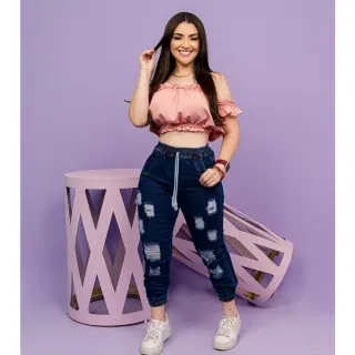 Cintura Alta Calça Jeans Jogger Feminina - Blogueira - jeans escuro jogger