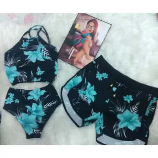 Roupas de banho femininas M ao G1 com estampa de flores - Saída de praia evangélica em suplex - rosa e preto