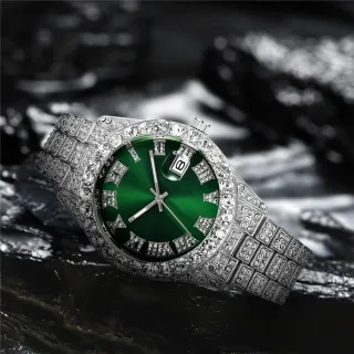 Relógio de pulso masculino luxuoso com diamantes e calendário - Presente perfeito para homens - Ouro e Verde
