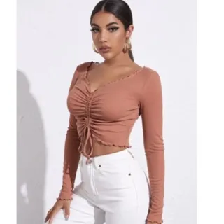 Manga Longa Gringa Cropped Drapeado Feminino - Rose  Bebe