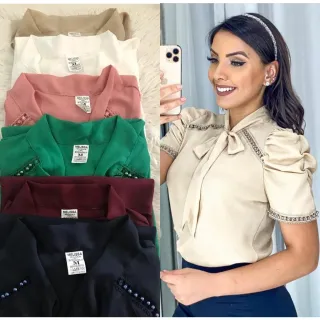 Moda feminina: Blusa manga curta com laço no pescoço - lilais