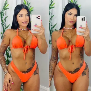 Novo Biquini Fio Dental Cortininha Sem Bojo Asa Delta - Preto, Rosa e Azul - BIQUINI LARANJA