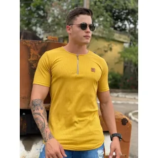 Camiseta masculina oversized, gola Henley em malha canelada - Amarelo