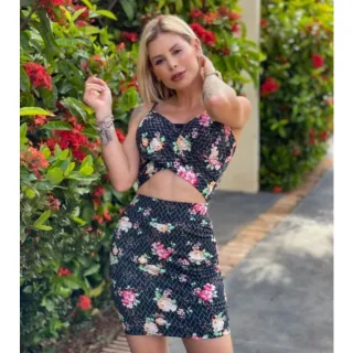 Kit Saia + Croped com Bojo para Blogueiras - AZUL ANIL BORBOLETAS