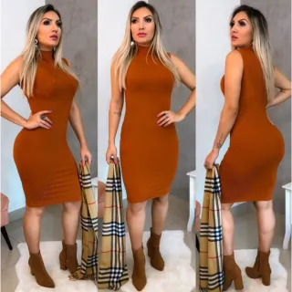 Gola Midi Canelado Vestido - Vermelho