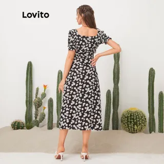 Vestido Lovito Casual Estampa Floral Gola Quadrada L11D32 (Preto) - Verde
