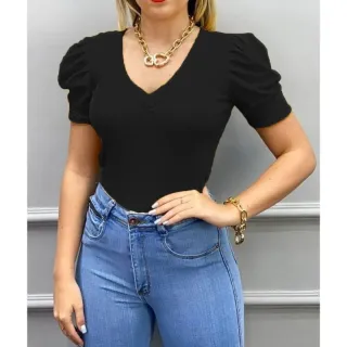 Blusa curta feminina gola V manga princesa bufante 301# - Cinza