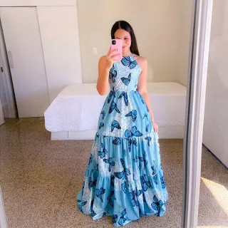 Moda Feminina: Vestido Longo Estampado Lastex Lola - Vermelho