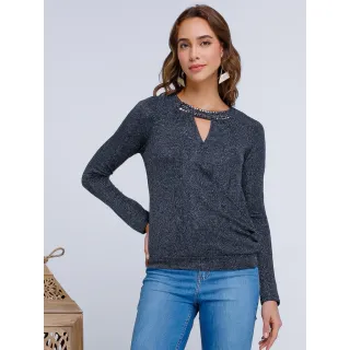 Blusa Lurex Manga Longa com Aplicações em Pedraria na Gola - Vermelho