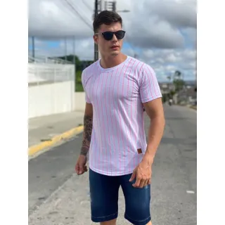 Camisa listrada masculina Longline, estilo swag em algodão penteado - PRETA COM BRANCO LISTRADO