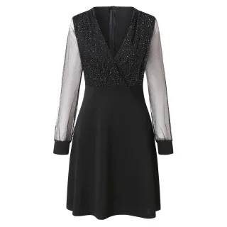 Vestido de Malha Glitter Manga Longa Feminino Curto com Decote em V Linha A para Clube/Festa/Social P-XXXG - Brilho