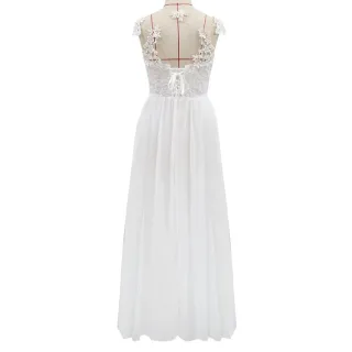 Maxi Vestido Branco Feminino de Renda Chiffon com Decote em V - Promoção - Branco