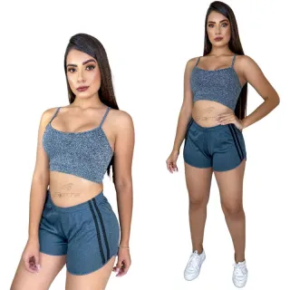 Top Alcinha Suplex e Short Fitness Feminino - Promoção Garra Sport - Preto - Preto  listra vermelha