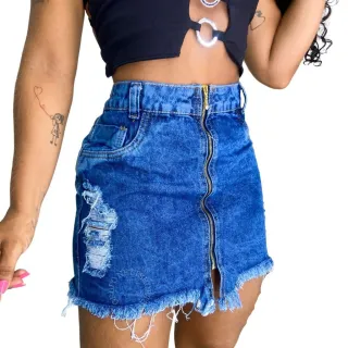 Saia Jeans Ziper Cintura Alta Feminina Destroyed - 38