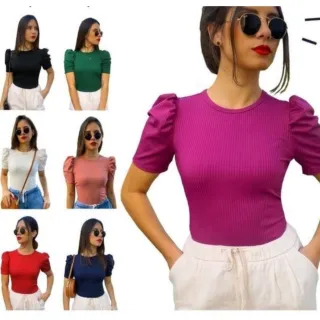 Blusinha Feminina Manga Curta Canelada Princesa - Kit com 5 Blusas - Único