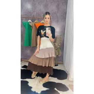 Marrom Saia Feminina Plissada Degrade Camadas Quatro - P