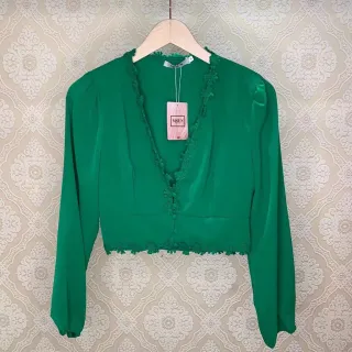 Feminina Blusa Cropped Manga Longa - mostarda