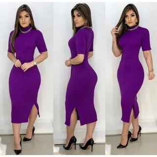 Vestido Midi com gola alta e fenda lateral - Onça