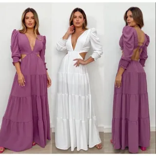 Lançamento Vestido Longo Feminino Manga Longa Decote Profundo Casamento - Roxo