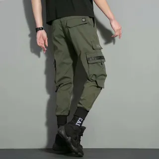 Street Hip-Hop Calça Cargo Masculina com Fitas Impressas Casual - Preto