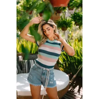 Promoção Blusa Chique Feminina Listrada - Verão Moda Babado - Verde água e azul claro