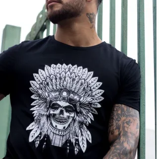 Estampa de Índio Americano - Camiseta Masculina 100% Algodão Premium - Preto