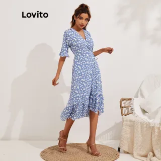 Vestido Boho Francês Ditsy Floral Lovito com Babado e Renda (Azul Claro) - Azul Claro