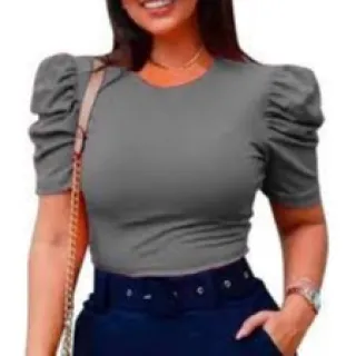 Blusinha Canelada Manga Curta Feminina - Princesa, Tamanho Único - Azul Marinho