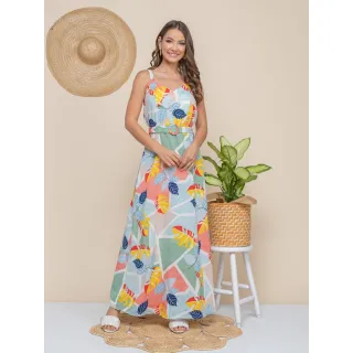 Lançamento primavera verão 2020-27: Vestido longo feminino estampado com bojo - 2020-09 Azul